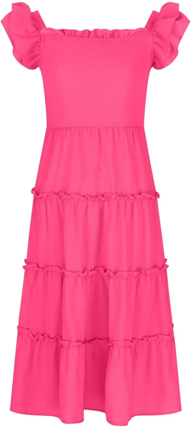 Dresses for Girls Summer Double Layer Ruffle Sleeve Casual Sundress Tiered A Line Smocked Flowy Dress 3-12 Years