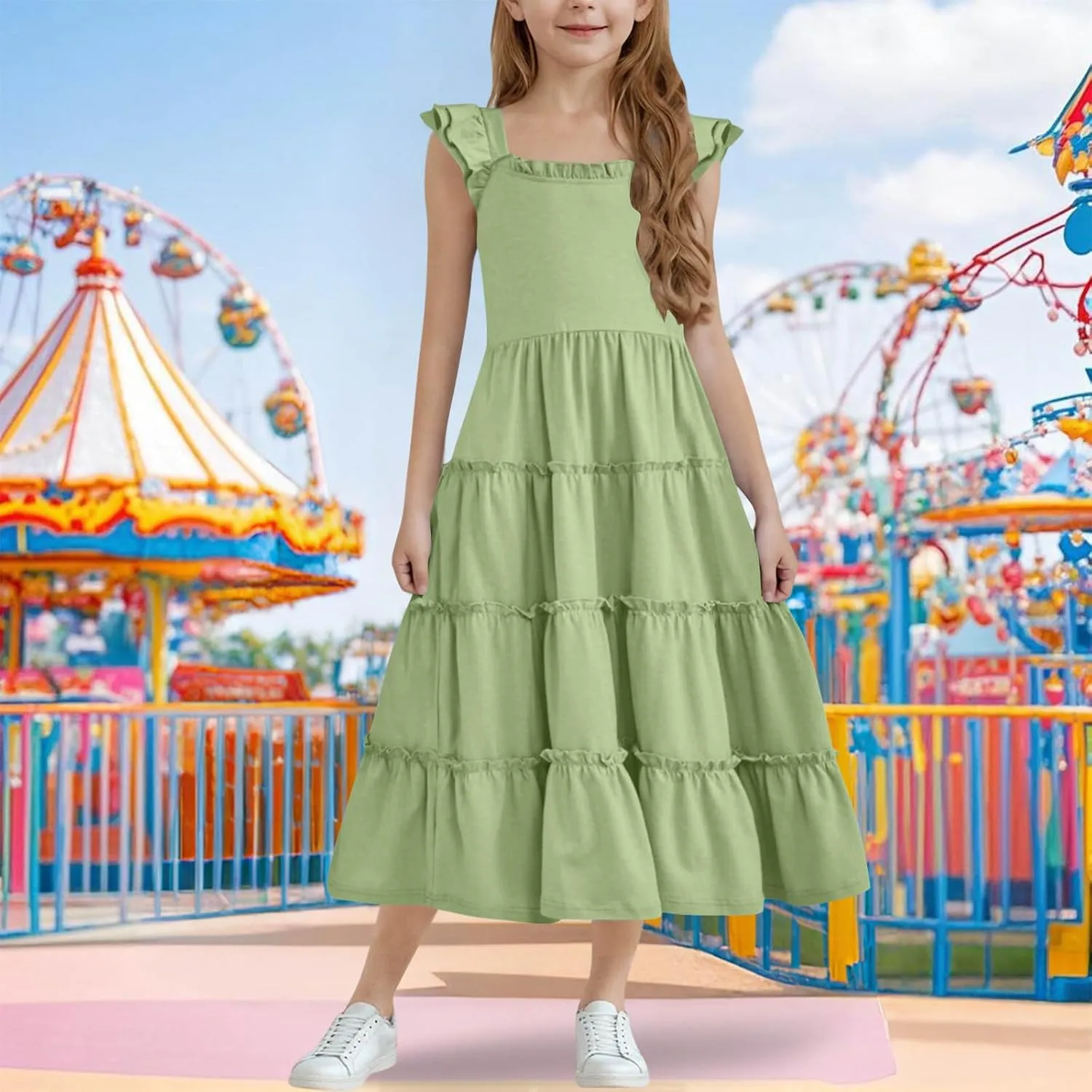 Dresses for Girls Summer Double Layer Ruffle Sleeve Casual Sundress Tiered A Line Smocked Flowy Dress 3-12 Years