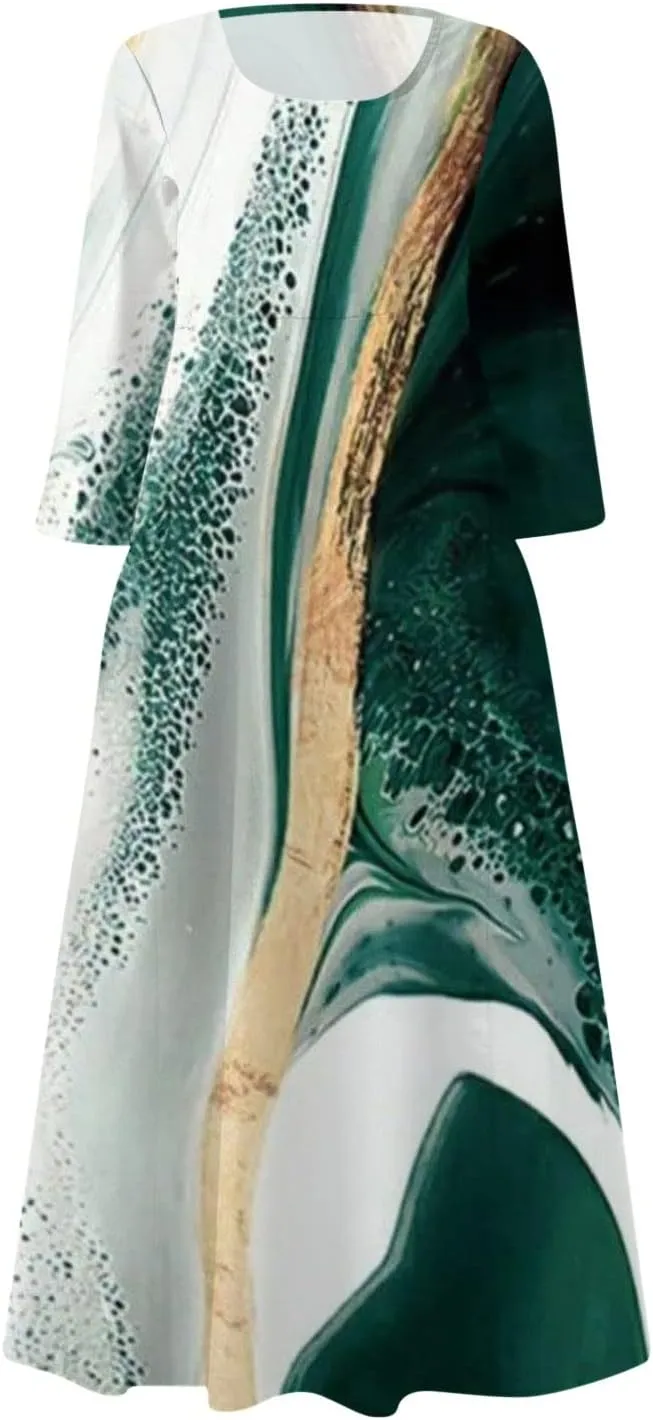 Dresses for Women 2024 U Neck Boho Flowy Beach Dress 3/4 Sleeve Solid Maxi Dresses Casual Sundresses with Pocket