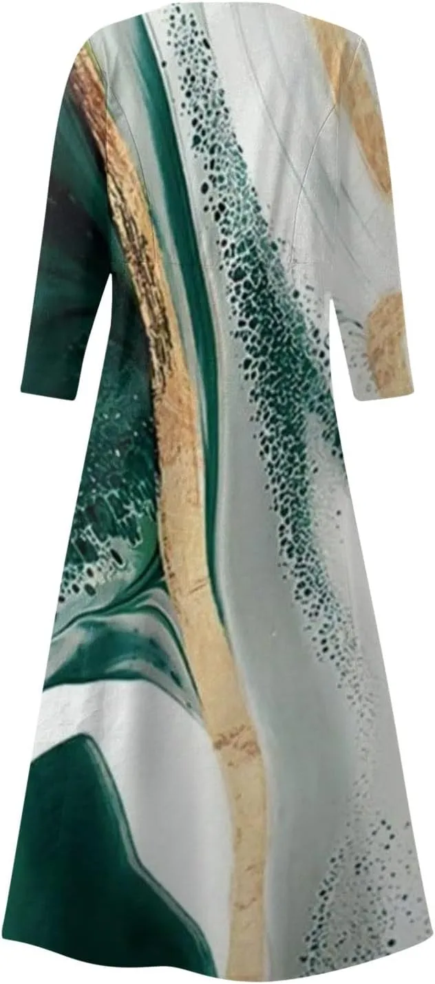 Dresses for Women 2024 U Neck Boho Flowy Beach Dress 3/4 Sleeve Solid Maxi Dresses Casual Sundresses with Pocket