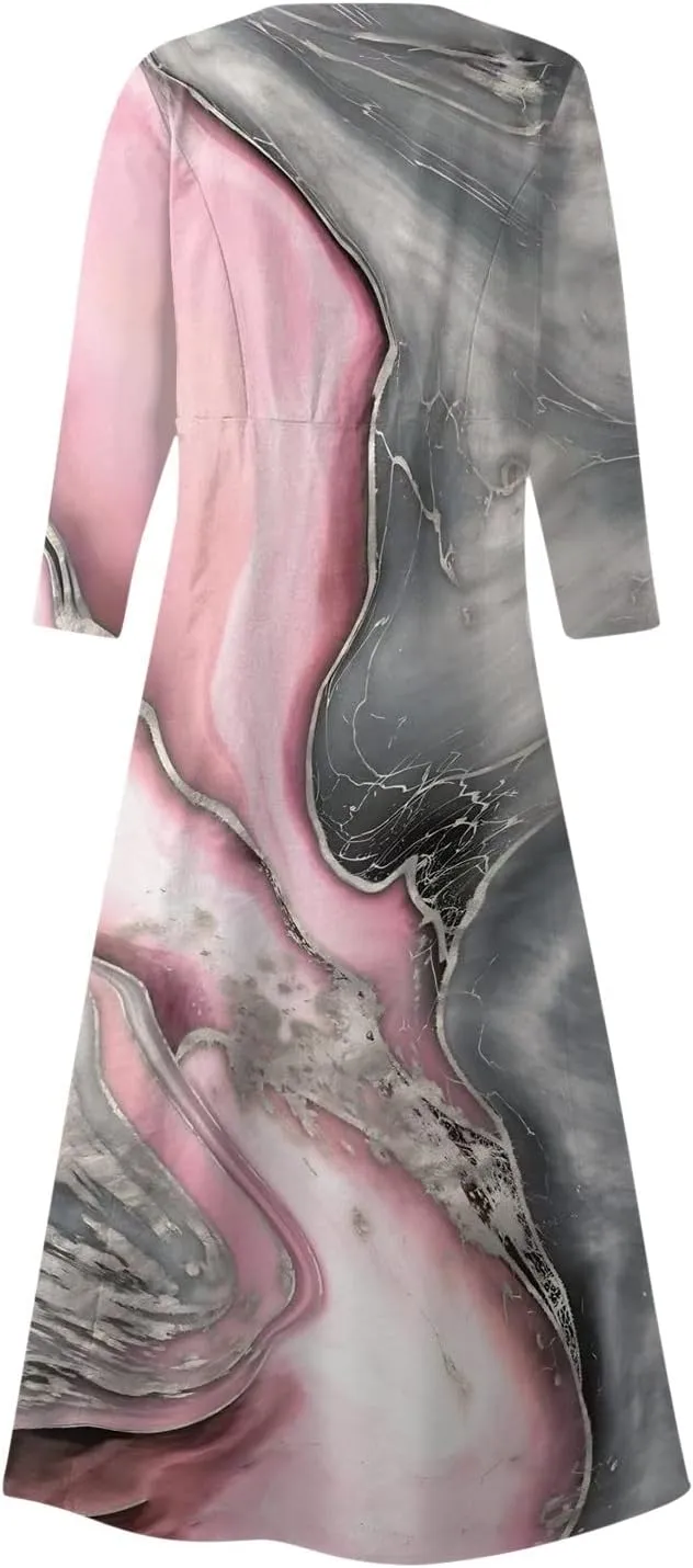 Dresses for Women 2024 U Neck Boho Flowy Beach Dress 3/4 Sleeve Solid Maxi Dresses Casual Sundresses with Pocket
