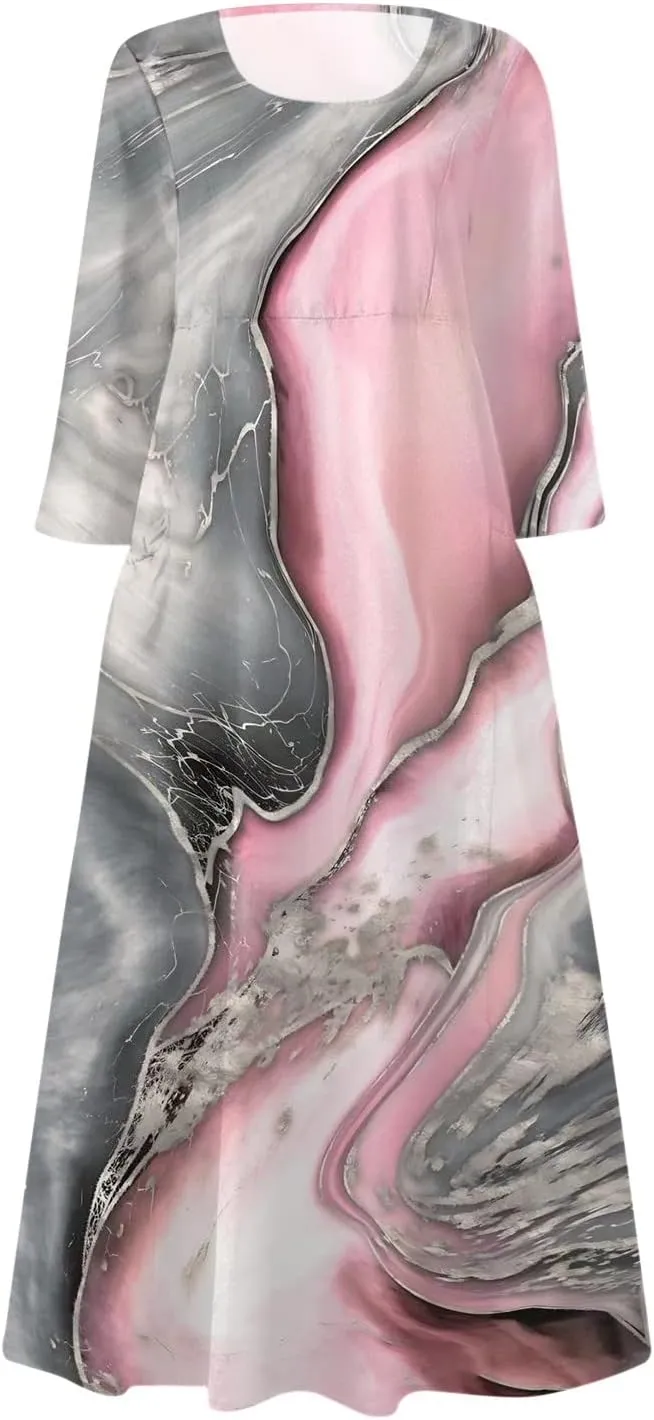 Dresses for Women 2024 U Neck Boho Flowy Beach Dress 3/4 Sleeve Solid Maxi Dresses Casual Sundresses with Pocket