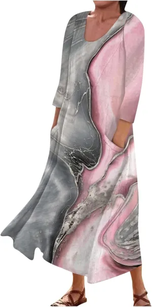 Dresses for Women 2024 U Neck Boho Flowy Beach Dress 3/4 Sleeve Solid Maxi Dresses Casual Sundresses with Pocket