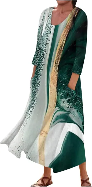 Dresses for Women 2024 U Neck Boho Flowy Beach Dress 3/4 Sleeve Solid Maxi Dresses Casual Sundresses with Pocket