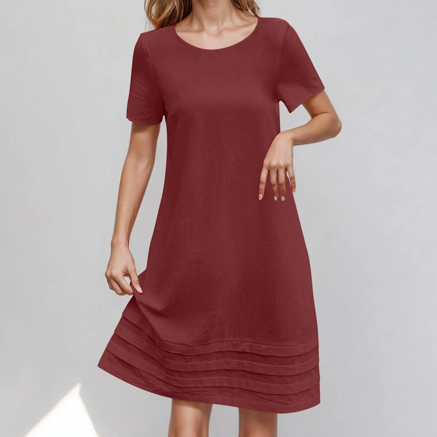Dresses for Women 2025 Elegant Classy Midi Tshirt Dress Pleated Beach Vacation Crewneck Short Sleeve Sundress