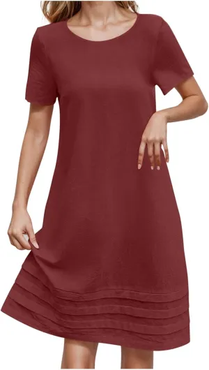 Dresses for Women 2025 Elegant Classy Midi Tshirt Dress Pleated Beach Vacation Crewneck Short Sleeve Sundress