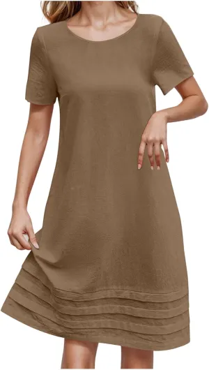 Dresses for Women 2025 Elegant Classy Midi Tshirt Dress Pleated Beach Vacation Crewneck Short Sleeve Sundress