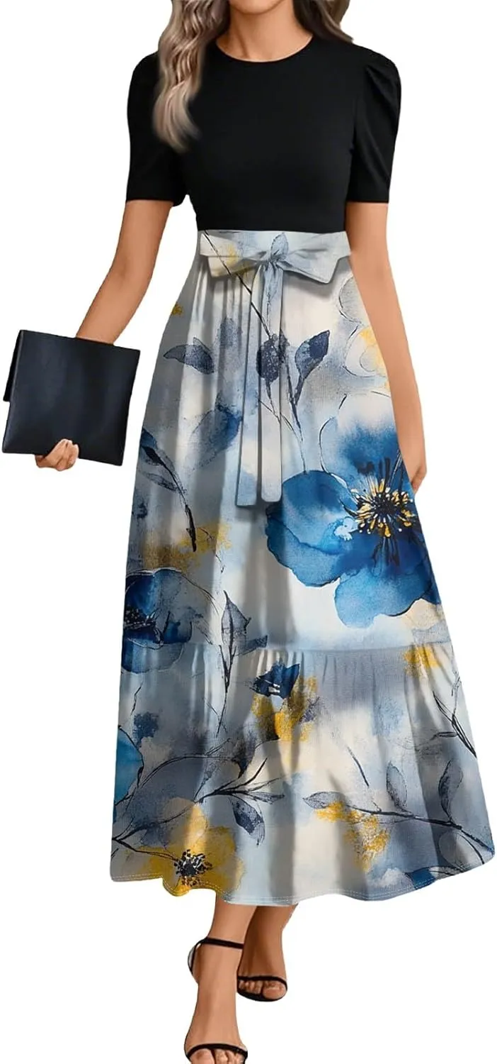 Dresses for Women 2025 Short Sleeve Round Neck Dresses Knee Length Dress Long Flowy Beach Dresses