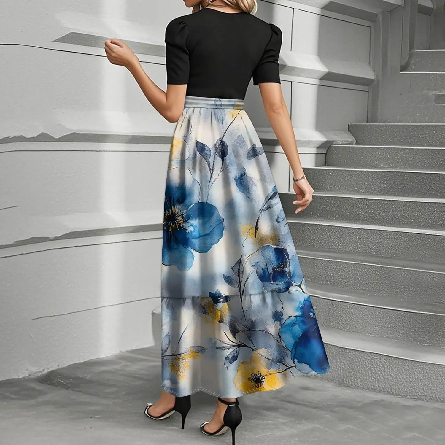 Dresses for Women 2025 Short Sleeve Round Neck Dresses Knee Length Dress Long Flowy Beach Dresses