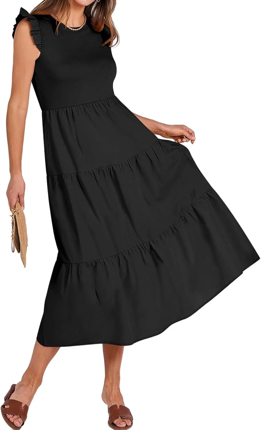 Dresses for Women Ruffle Sleeveless Midi Dress Summer Elastic Waist Tiered Midi Dress Casual Dressy Dresses 2025