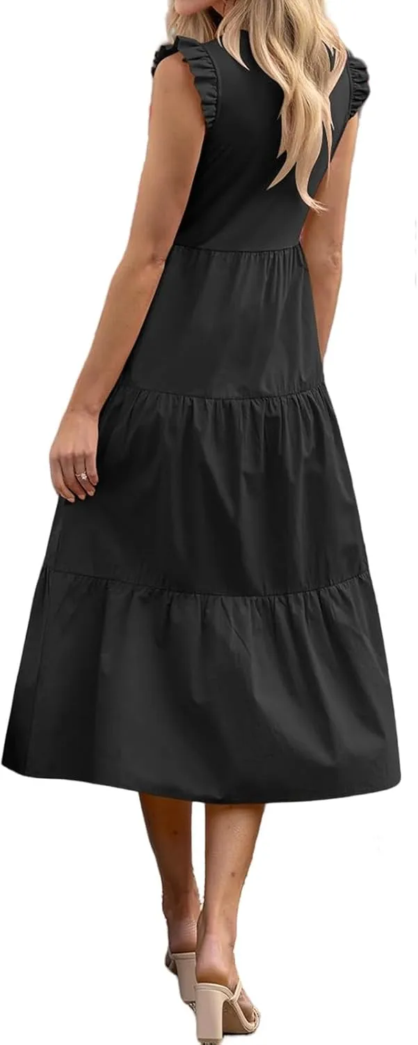 Dresses for Women Ruffle Sleeveless Midi Dress Summer Elastic Waist Tiered Midi Dress Casual Dressy Dresses 2025