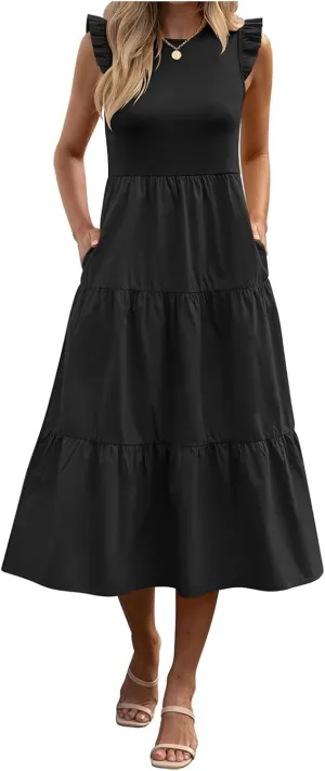 Dresses for Women Ruffle Sleeveless Midi Dress Summer Elastic Waist Tiered Midi Dress Casual Dressy Dresses 2025