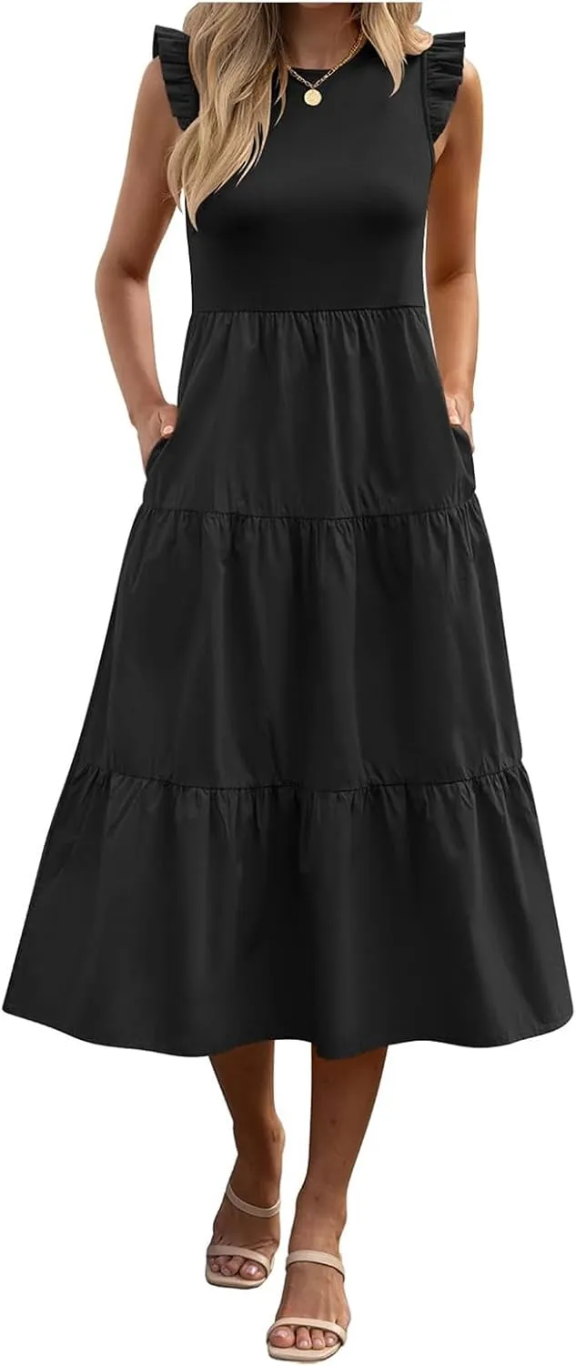 Dresses for Women Ruffle Sleeveless Midi Dress Summer Elastic Waist Tiered Midi Dress Casual Dressy Dresses 2025