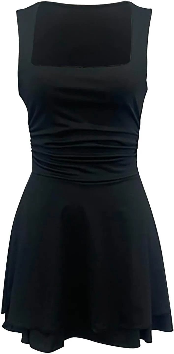 Dresses for Women Sexy Low Cut Square Neck Sleeveless Ruched Waist Ruffle Tiered Layered Flowy A Line Short Mini Dress