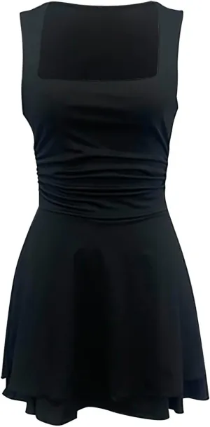Dresses for Women Sexy Low Cut Square Neck Sleeveless Ruched Waist Ruffle Tiered Layered Flowy A Line Short Mini Dress