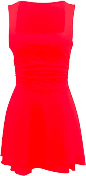 Dresses for Women Sexy Low Cut Square Neck Sleeveless Ruched Waist Ruffle Tiered Layered Flowy A Line Short Mini Dress