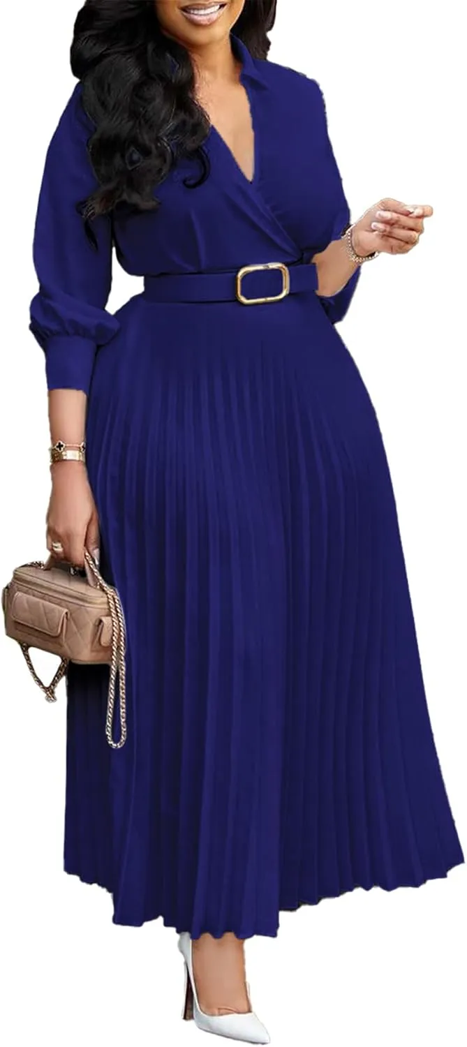 Ecirod Womens Wrap V Neck Pleated Midi Dress Casual Plus Size Long Sleeve Wedding Guest A Line Dresses with Belt