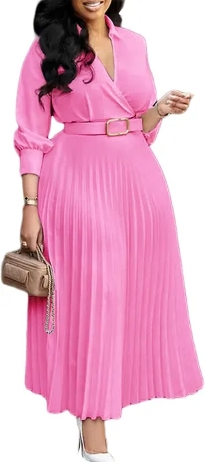 Ecirod Womens Wrap V Neck Pleated Midi Dress Casual Plus Size Long Sleeve Wedding Guest A Line Dresses with Belt