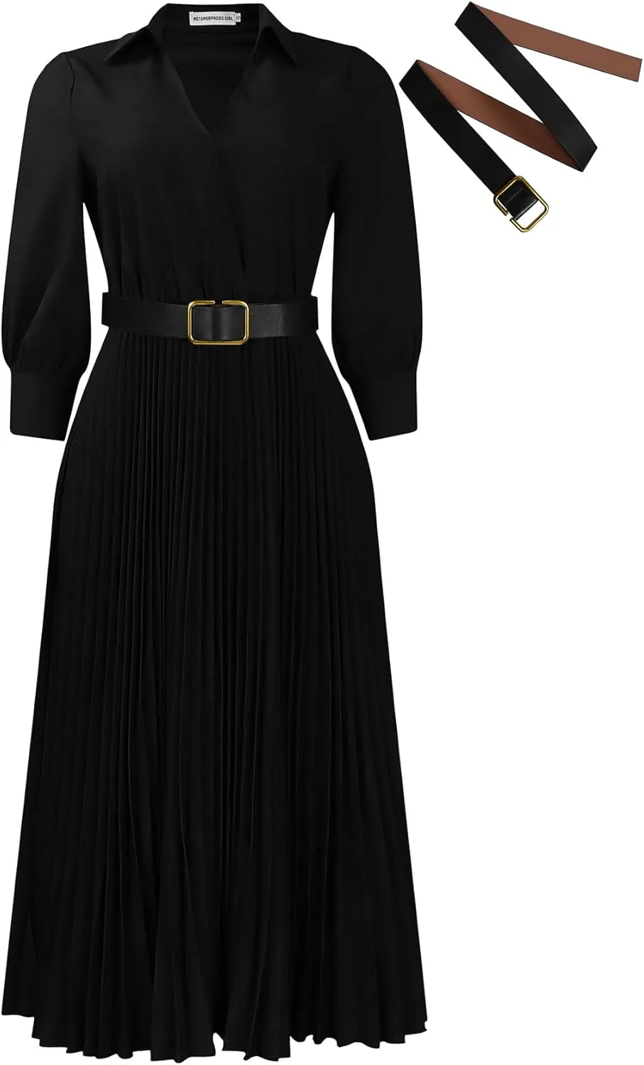 Ecirod Womens Wrap V Neck Pleated Midi Dress Casual Plus Size Long Sleeve Wedding Guest A Line Dresses with Belt