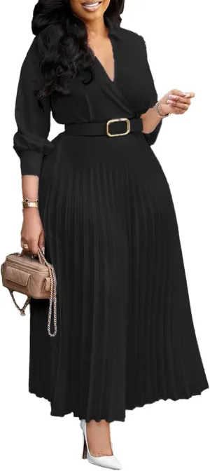 Ecirod Womens Wrap V Neck Pleated Midi Dress Casual Plus Size Long Sleeve Wedding Guest A Line Dresses with Belt