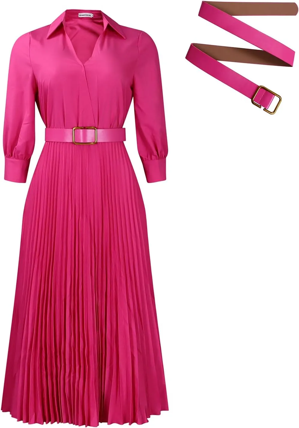 Ecirod Womens Wrap V Neck Pleated Midi Dress Casual Plus Size Long Sleeve Wedding Guest A Line Dresses with Belt