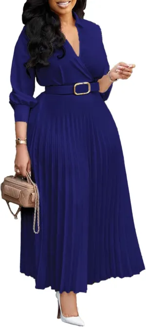 Ecirod Womens Wrap V Neck Pleated Midi Dress Casual Plus Size Long Sleeve Wedding Guest A Line Dresses with Belt