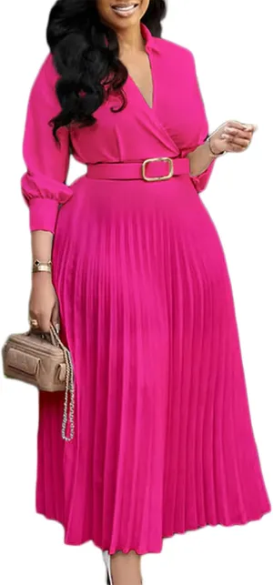 Ecirod Womens Wrap V Neck Pleated Midi Dress Casual Plus Size Long Sleeve Wedding Guest A Line Dresses with Belt