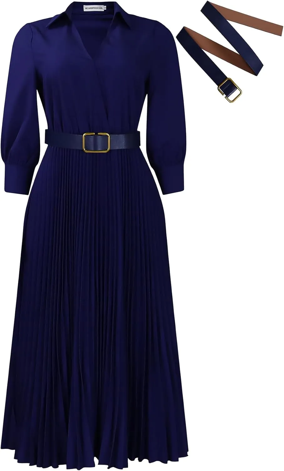 Ecirod Womens Wrap V Neck Pleated Midi Dress Casual Plus Size Long Sleeve Wedding Guest A Line Dresses with Belt