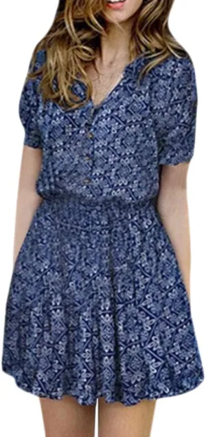 Eduavar Summer Dresses for Women 2024, Mini Dresses for Women Summer Elegant Casual Floral Print V Neck Short Sleeve Dress