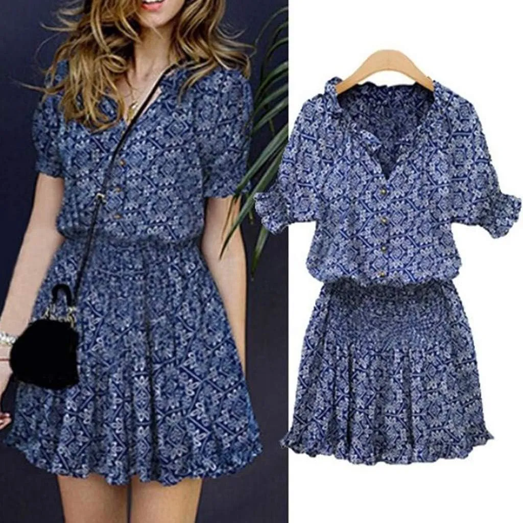 Eduavar Summer Dresses for Women 2024, Mini Dresses for Women Summer Elegant Casual Floral Print V Neck Short Sleeve Dress