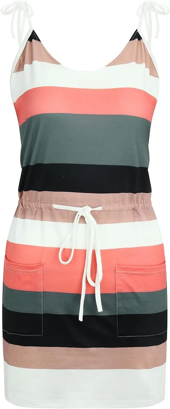 Eduavar Sundresses for Women 2024, Casual Dresses for Women Summer Color Block V Neck Sleeveless Mini Dress with Pockets
