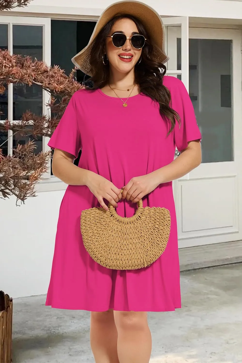 elescat Plus Size Summer Dresses for Women Casual Short Sleeve Pockets Loose Oversized T Shirt Sundress