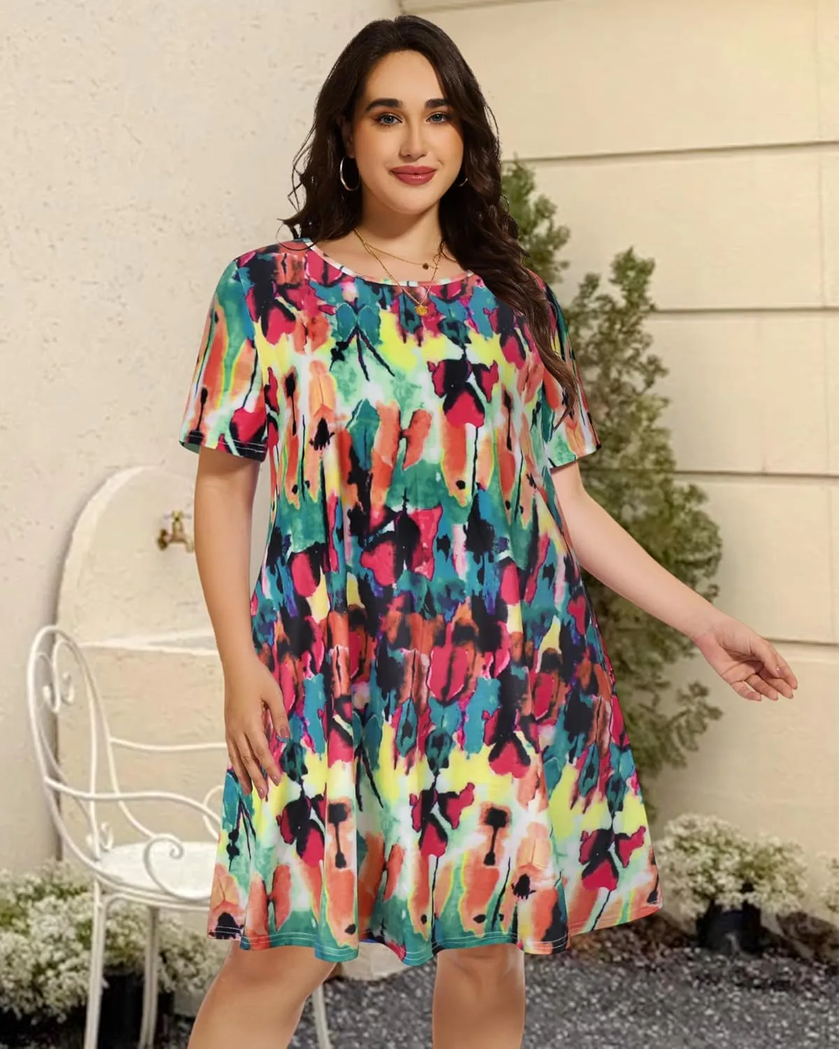 elescat Plus Size Summer Dresses for Women Casual Short Sleeve Pockets Loose Oversized T Shirt Sundress