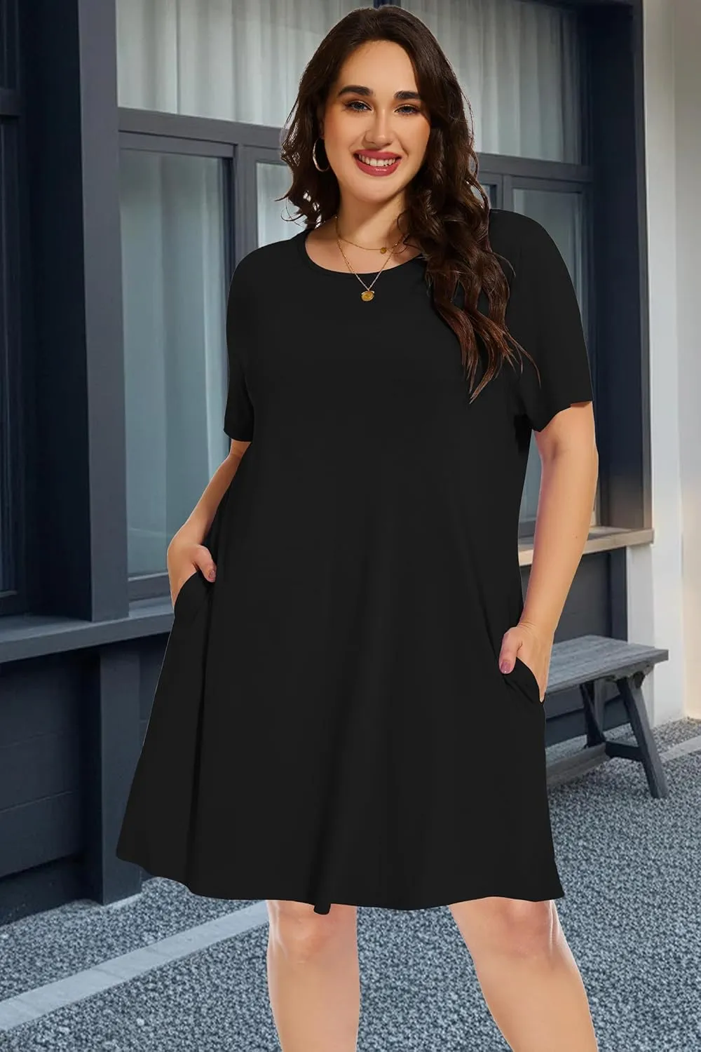 elescat Plus Size Summer Dresses for Women Casual Short Sleeve Pockets Loose Oversized T Shirt Sundress