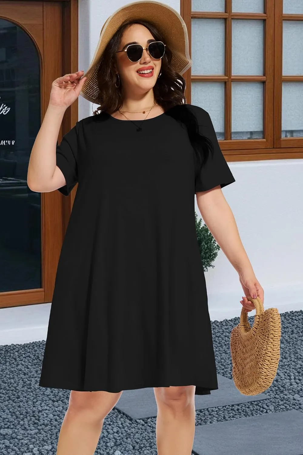 elescat Plus Size Summer Dresses for Women Casual Short Sleeve Pockets Loose Oversized T Shirt Sundress
