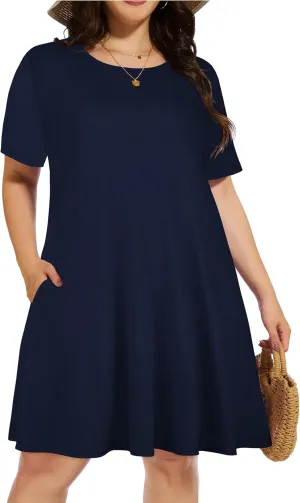 elescat Plus Size Summer Dresses for Women Casual Short Sleeve Pockets Loose Oversized T Shirt Sundress
