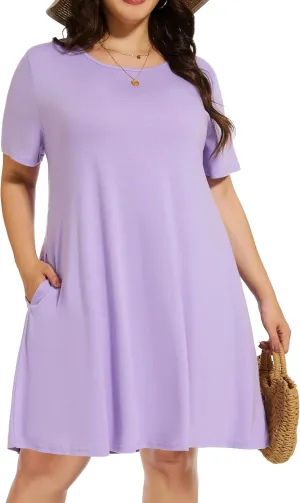 elescat Plus Size Summer Dresses for Women Casual Short Sleeve Pockets Loose Oversized T Shirt Sundress