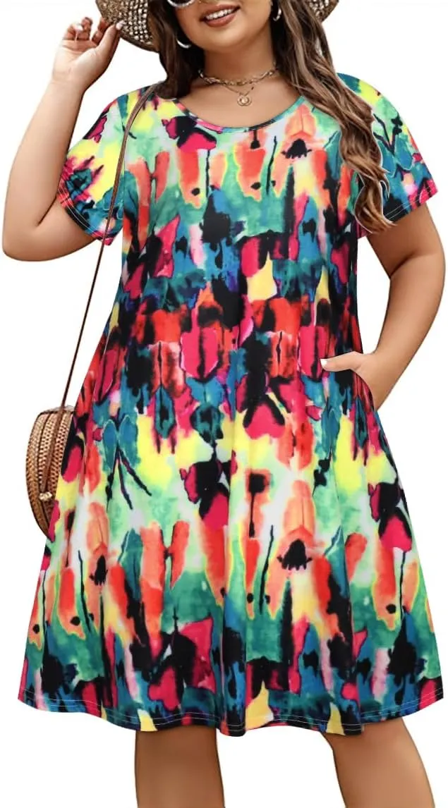 elescat Plus Size Summer Dresses for Women Casual Short Sleeve Pockets Loose Oversized T Shirt Sundress