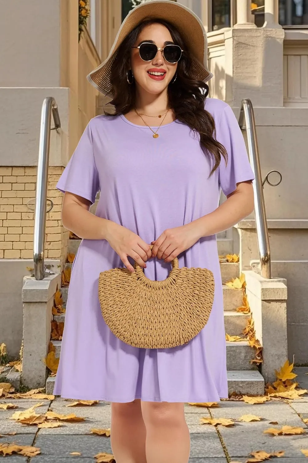 elescat Plus Size Summer Dresses for Women Casual Short Sleeve Pockets Loose Oversized T Shirt Sundress