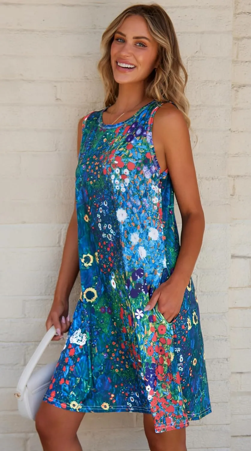 elescat Women's Summer Dresses 2025 Beach Casual Sleeveless Floral Print Tank Loose Sundress with Pocket