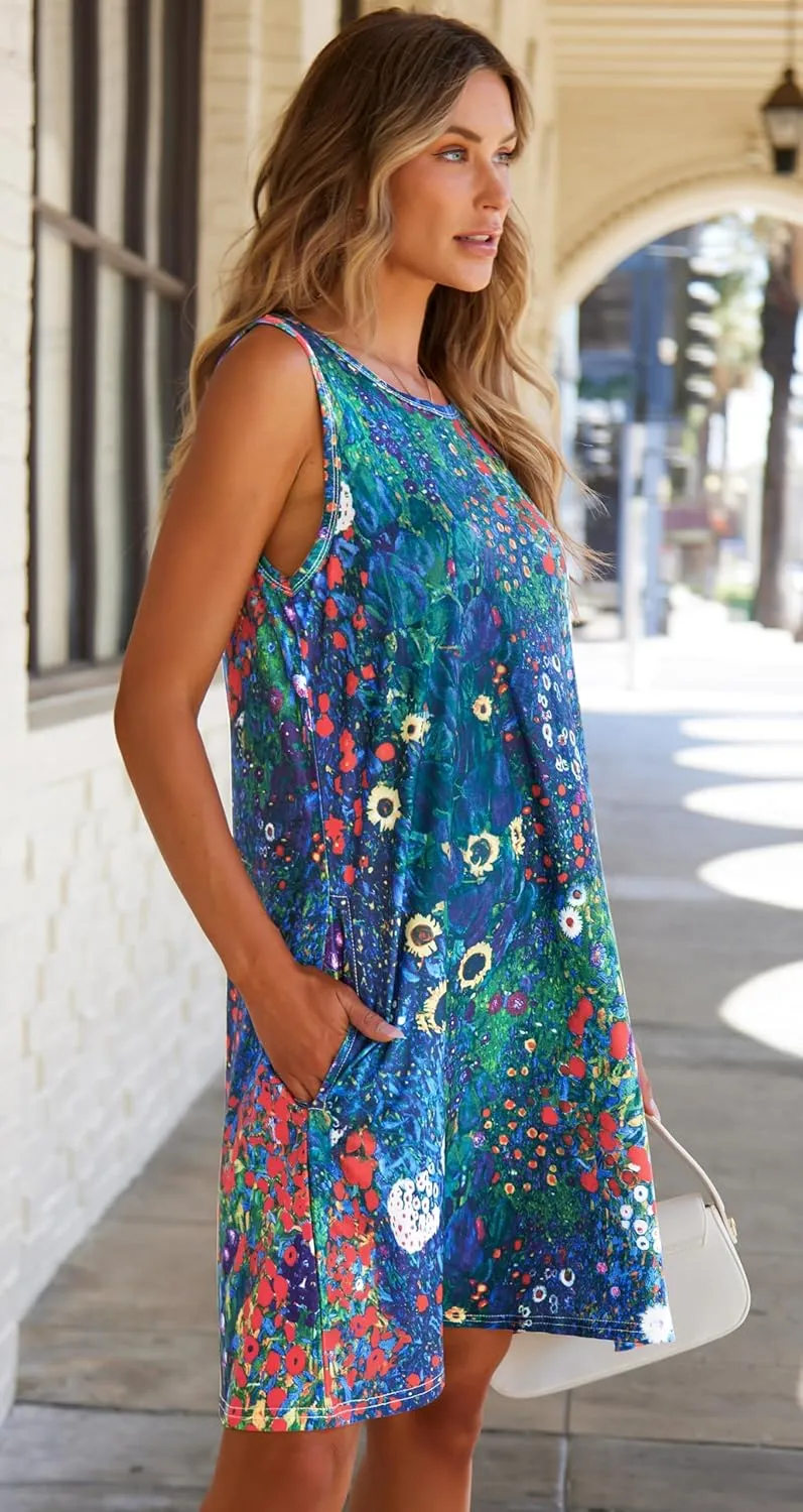 elescat Women's Summer Dresses 2025 Beach Casual Sleeveless Floral Print Tank Loose Sundress with Pocket