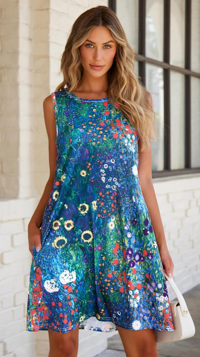 elescat Women's Summer Dresses 2025 Beach Casual Sleeveless Floral Print Tank Loose Sundress with Pocket