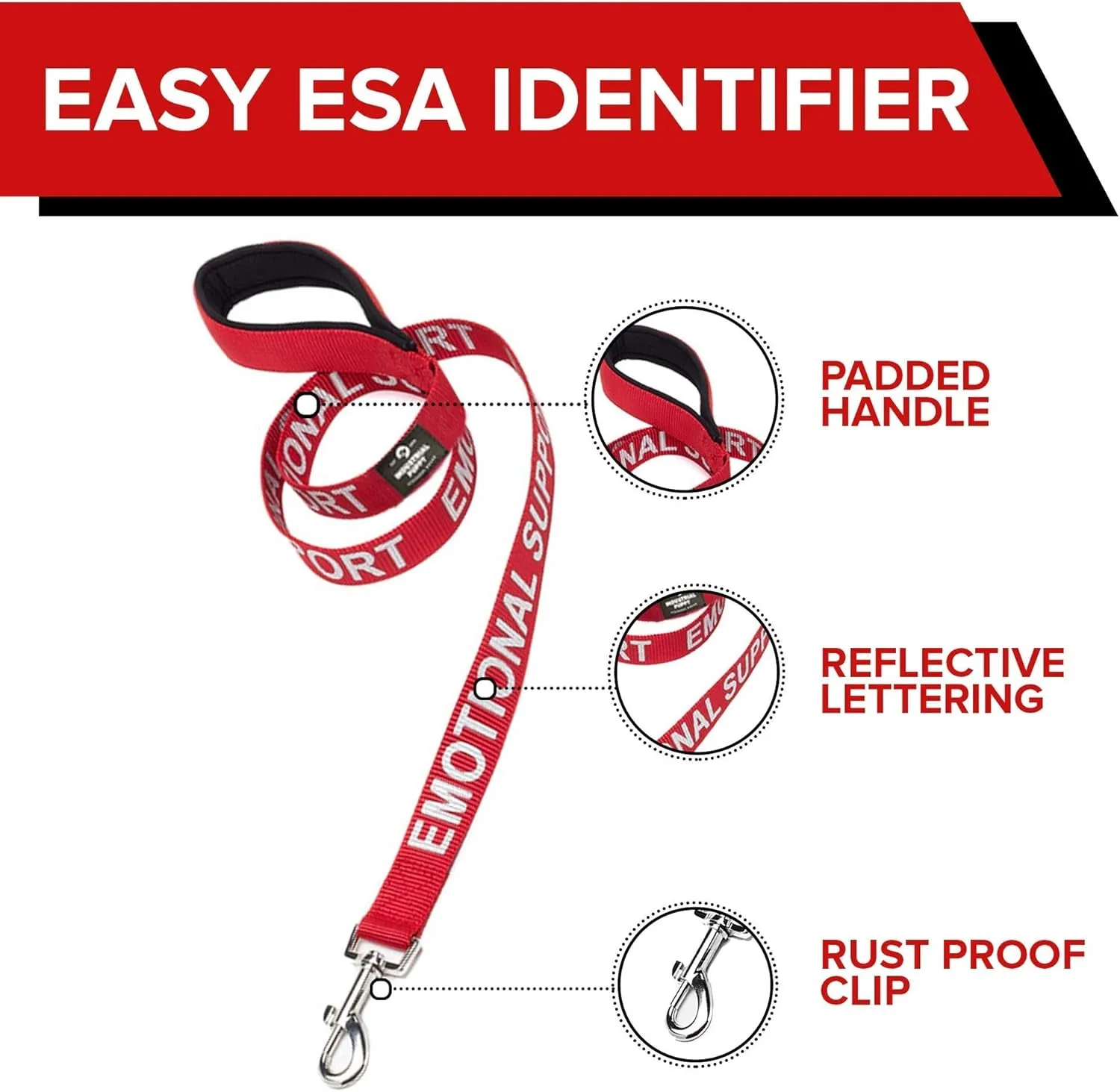 Emotional Support Dog Leash Wrap with Neoprene Handle and Reflective Emotional Support Lettering - Supplies or Accessories for ESA Emotional Support Dog Vest or Harness (Red, Emotional Support)