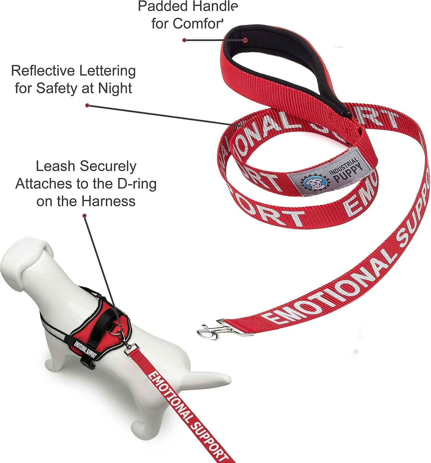 Emotional Support Dog Leash Wrap with Neoprene Handle and Reflective Emotional Support Lettering - Supplies or Accessories for ESA Emotional Support Dog Vest or Harness (Red, Emotional Support)