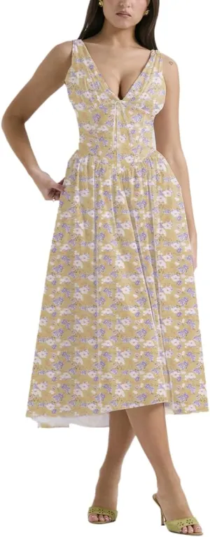 Eternatastic Women's V-Neck Sleeveless Floral Midi Dress for Wedding Party Ladies Beach Sundress with Pockets