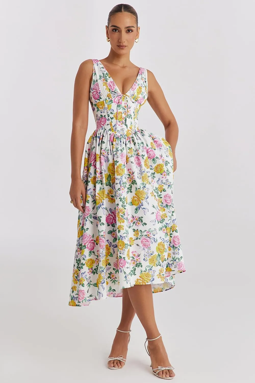 Eternatastic Women's V-Neck Sleeveless Floral Midi Dress for Wedding Party Ladies Beach Sundress with Pockets