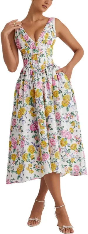 Eternatastic Women's V-Neck Sleeveless Floral Midi Dress for Wedding Party Ladies Beach Sundress with Pockets