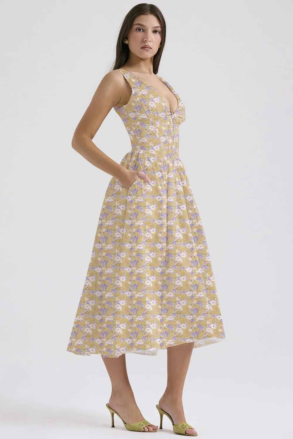 Eternatastic Women's V-Neck Sleeveless Floral Midi Dress for Wedding Party Ladies Beach Sundress with Pockets