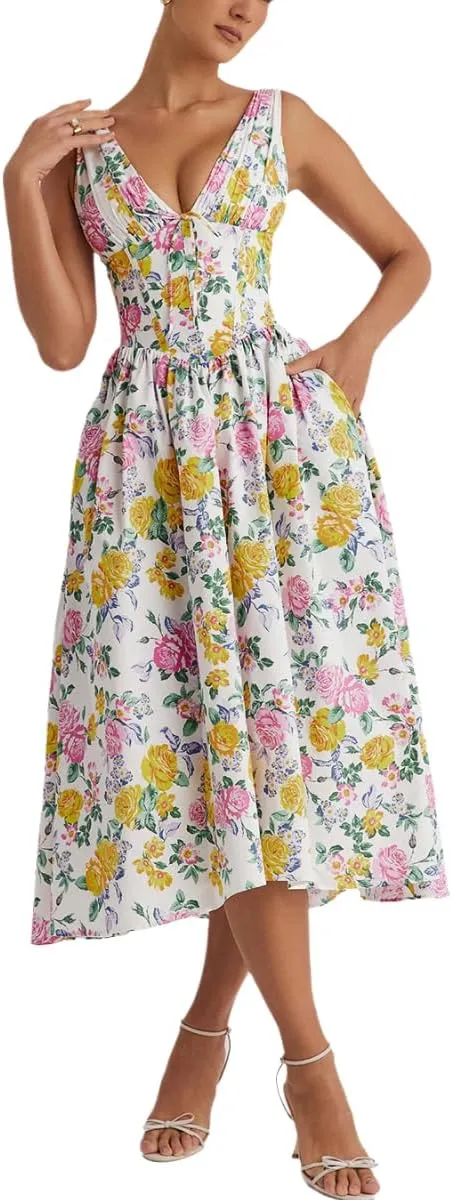 Eternatastic Women's V-Neck Sleeveless Floral Midi Dress for Wedding Party Ladies Beach Sundress with Pockets