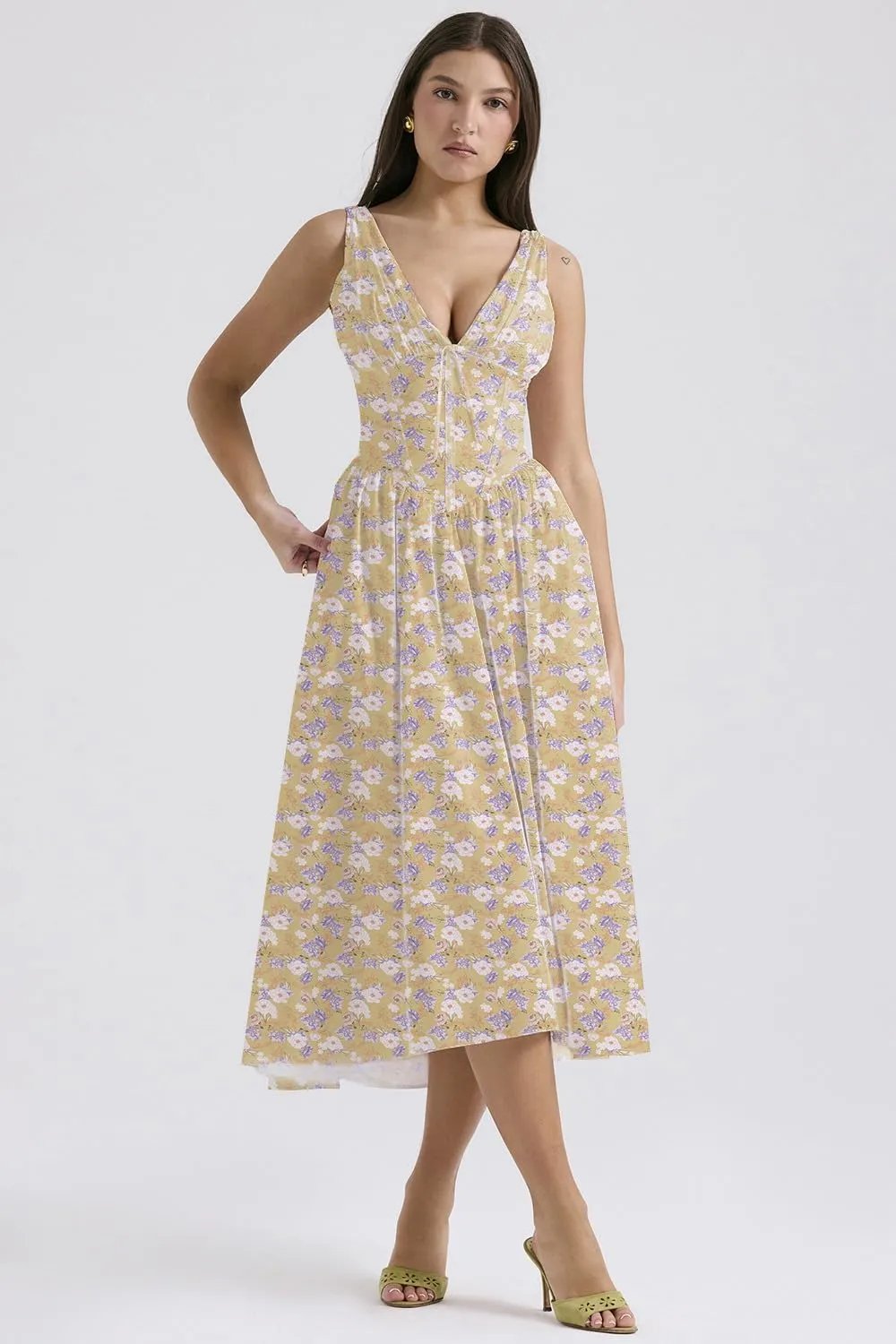 Eternatastic Women's V-Neck Sleeveless Floral Midi Dress for Wedding Party Ladies Beach Sundress with Pockets